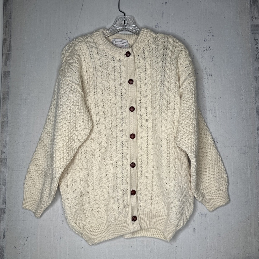 Vintage 90s Highland Home Industries Hand Knit Pure Wool Cream Cardigan | Sz: S